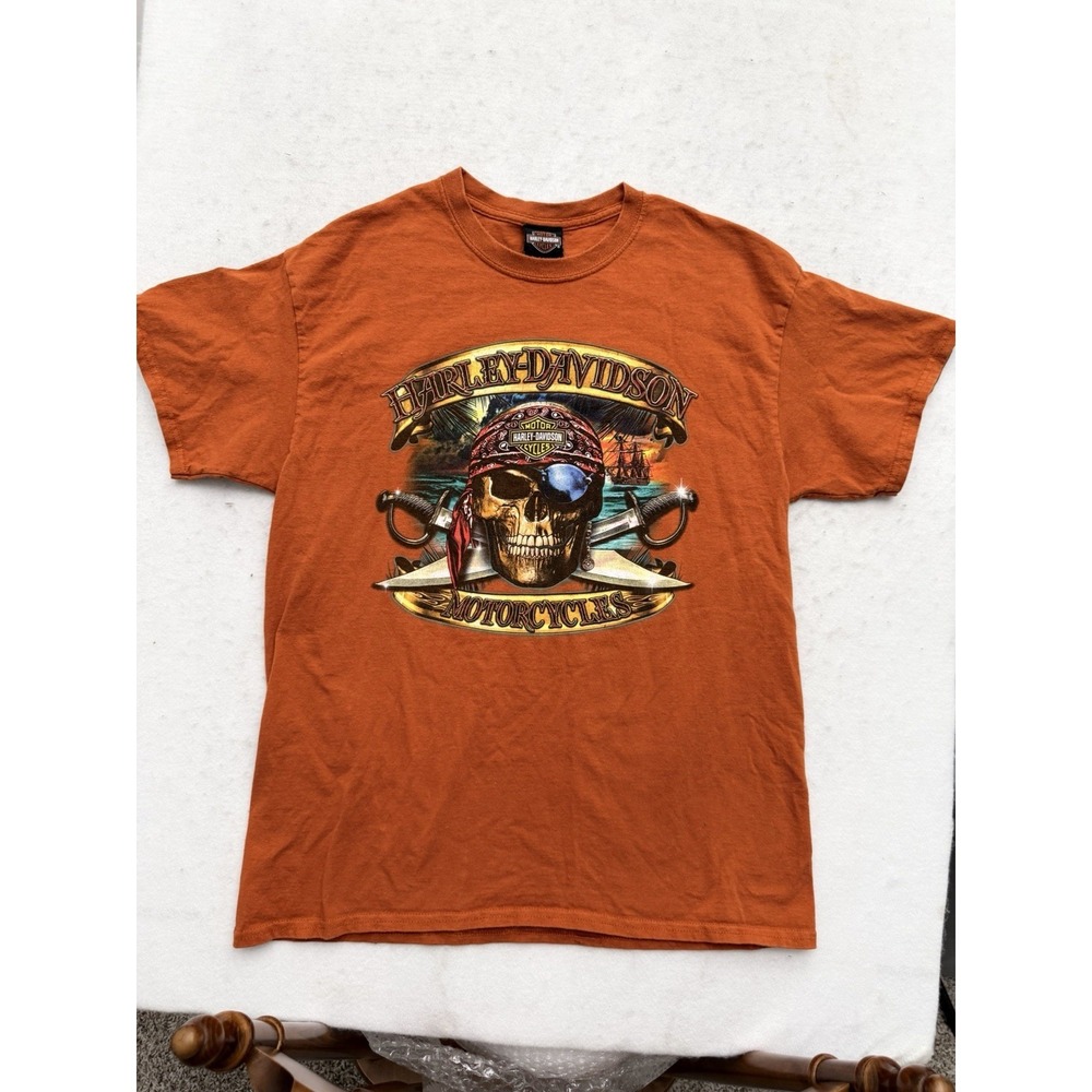 Harley-Davidson‎ Shirt Mens L Orange Pirate Skull Orlando Florida Motorcycles